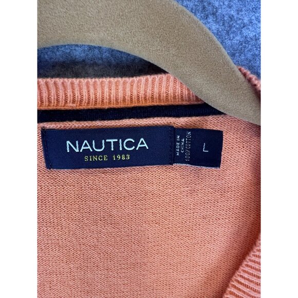 Nautica Sweater Mens Large Orange V Neck 100% Cotton Pullover Lightweight Knit - Picture 3 of 11